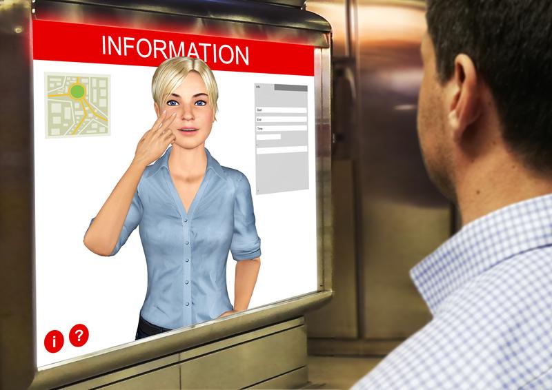 Einen 3D-Avatar als Dolmetscher für Gebärdensprache hat der Augsburger Lehrstuhl für Human-Centered Multimedia mitentwickelt. Eingegebener Text wird vom Avatar in Gebärdensprache übersetzt. Charamel GmbH